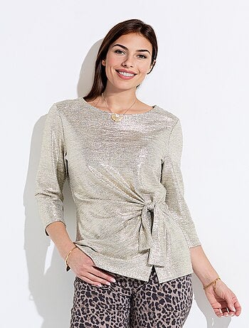 T-shirt long doré effet noué manches 3/4