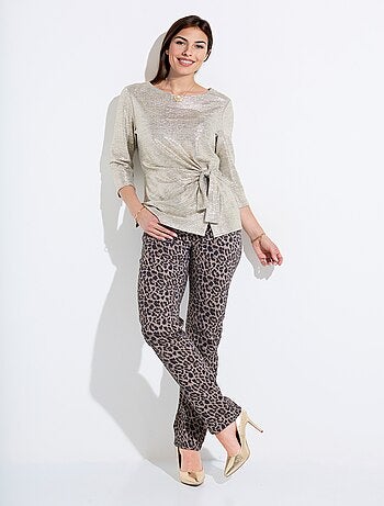 T-shirt long doré effet noué manches 3/4