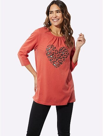 T-shirt long avec imprimé cœur animal et encolure ronde - taille standard - moda vilona