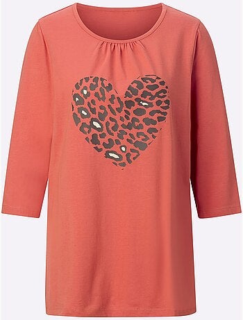 T-shirt long avec imprimé cœur animal et encolure ronde - taille standard - moda vilona