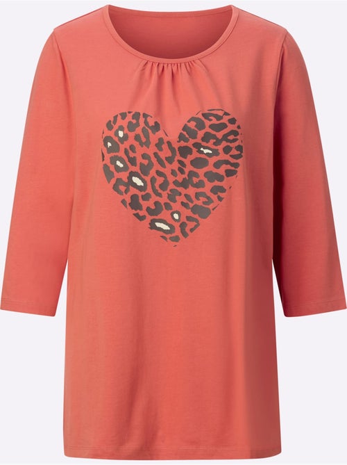 T-shirt long en pur coton à manches 3/4 avec imprimé cœur animal - taille standard - moda vilona - Kiabi T-shirt long en pur coton à manches 3/4 avec imprimé cœur animal - taille standard - moda vilona - Kiabi