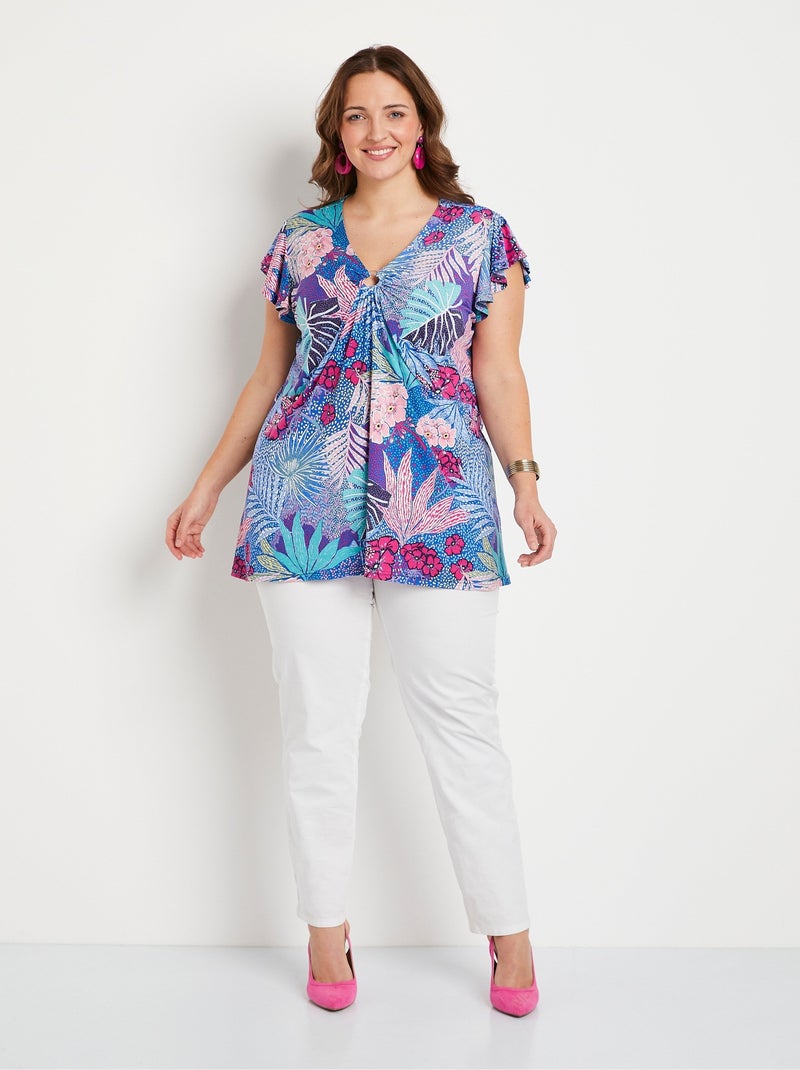 T-shirt long évasé col V drapé Bleu Violet - Kiabi