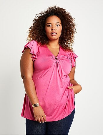 T-shirt long évasé col V drapé