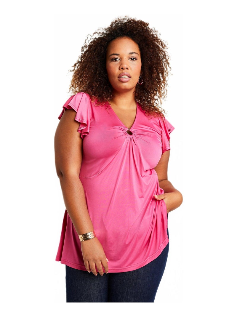 T-shirt long évasé col V drapé Rose fushia - Kiabi