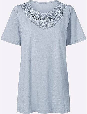 T-shirt long avec empiècement en dentelle et fentes latérales - Taille standard - Moda Vilona