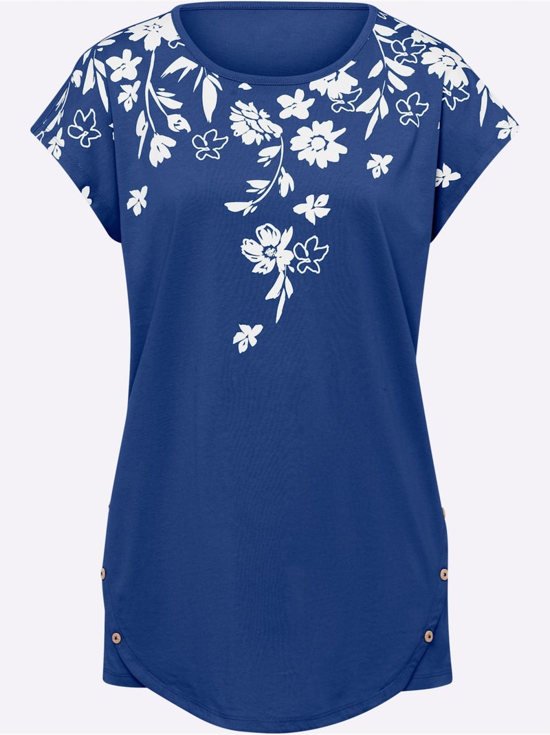 T-shirt Long Finition De L'ourlet Tendance - Taille Standard - Moda Vilona Bleu Blanc - Kiabi