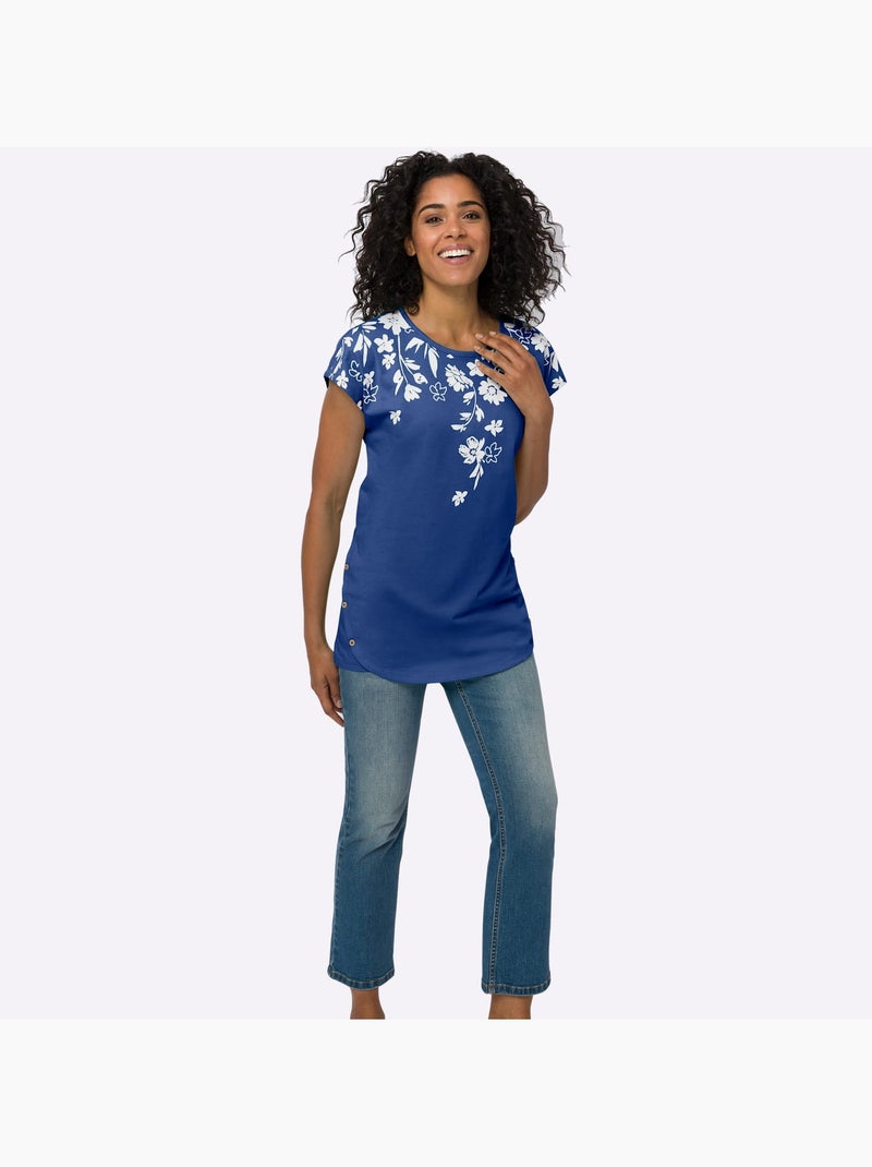T-shirt Long Finition De L'ourlet Tendance - Taille Standard - Moda Vilona Bleu Blanc - Kiabi