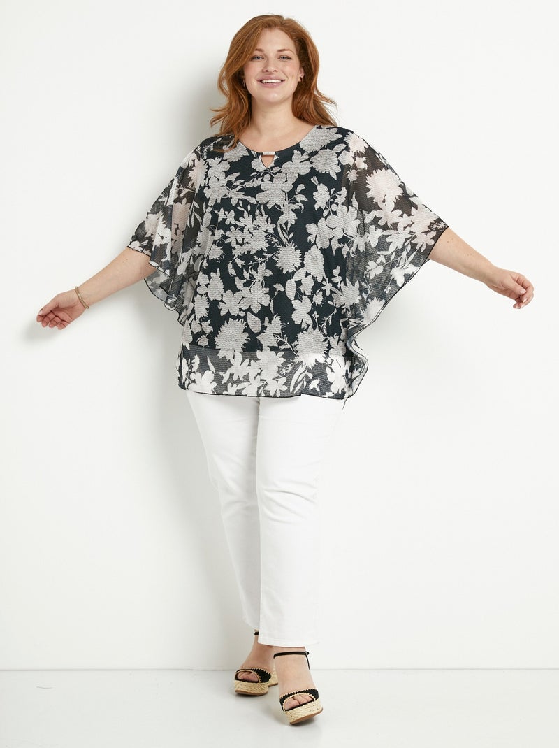 T-shirt long fleuri manches chauve-souris Noir Ecru - Kiabi