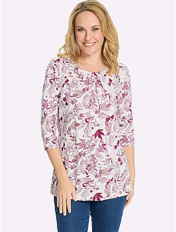 T-shirt long floral à encolure ronde et manches 3/4 - taille standard - moda vilona