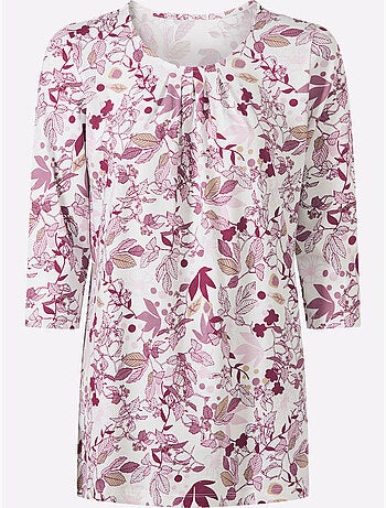 T-shirt long floral à encolure ronde et manches 3/4 - taille standard - moda vilona