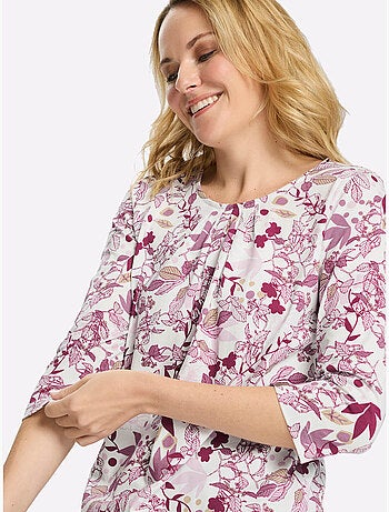 T-shirt long floral à encolure ronde et manches 3/4 - taille standard - moda vilona