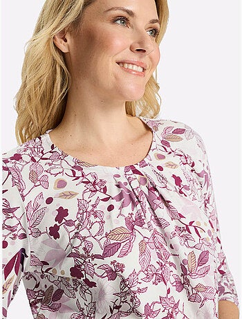 T-shirt long floral à encolure ronde et manches 3/4 - taille standard - moda vilona