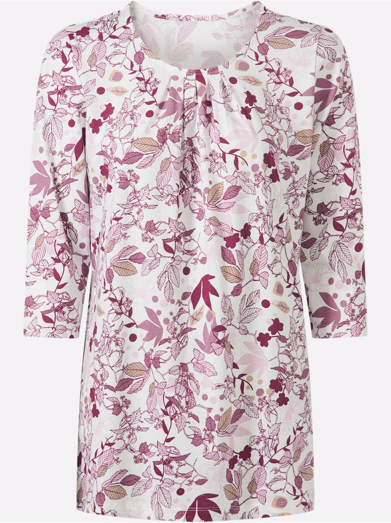 T-shirt long floral à encolure ronde et manches 3/4 - taille standard - moda vilona Écru/Rose - Kiabi