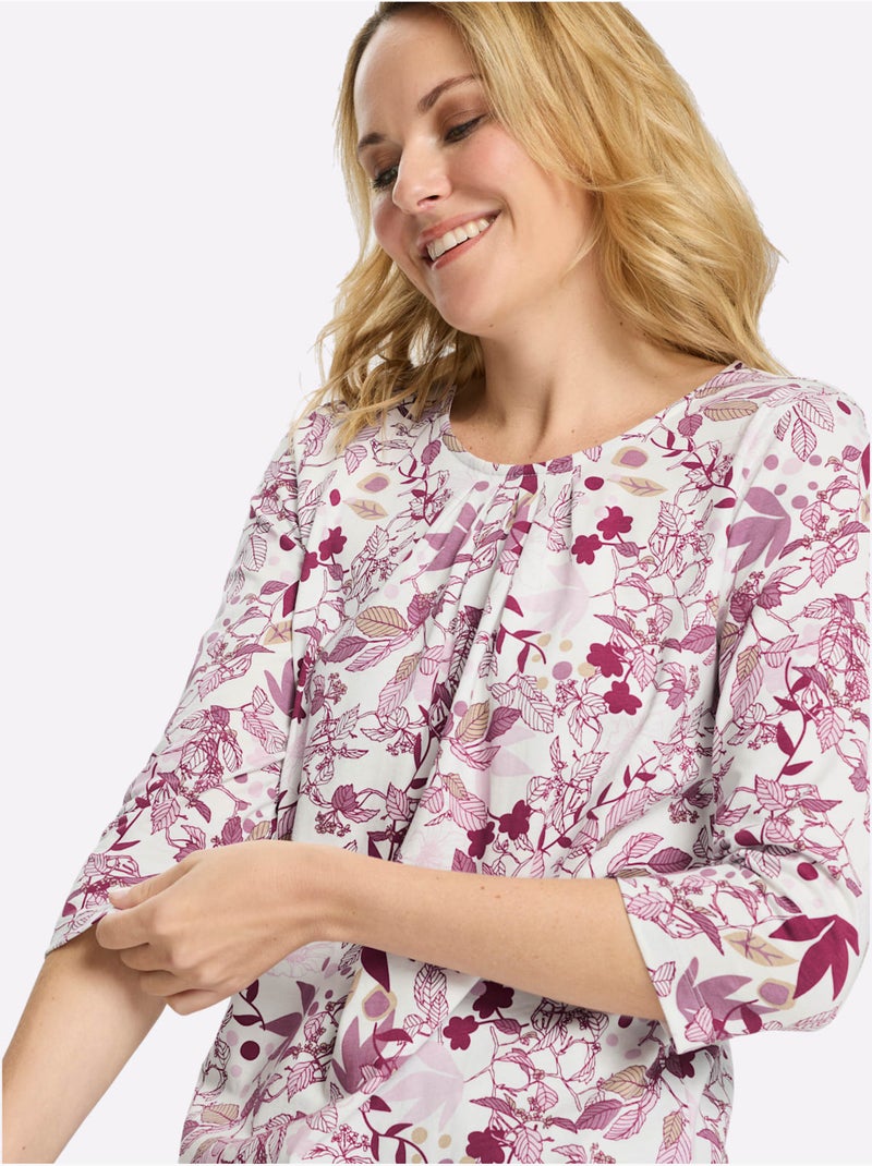 T-shirt long floral à encolure ronde et manches 3/4 - taille standard - moda vilona Écru/Rose - Kiabi