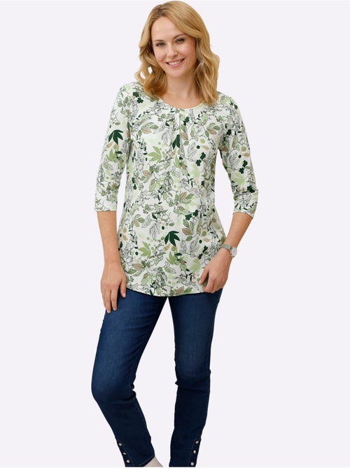 T-shirt long floral avec encolure ronde et manches 3/4 - taille standard - moda vilona - Kiabi T-shirt long floral avec encolure ronde et manches 3/4 - taille standard - moda vilona - Kiabi