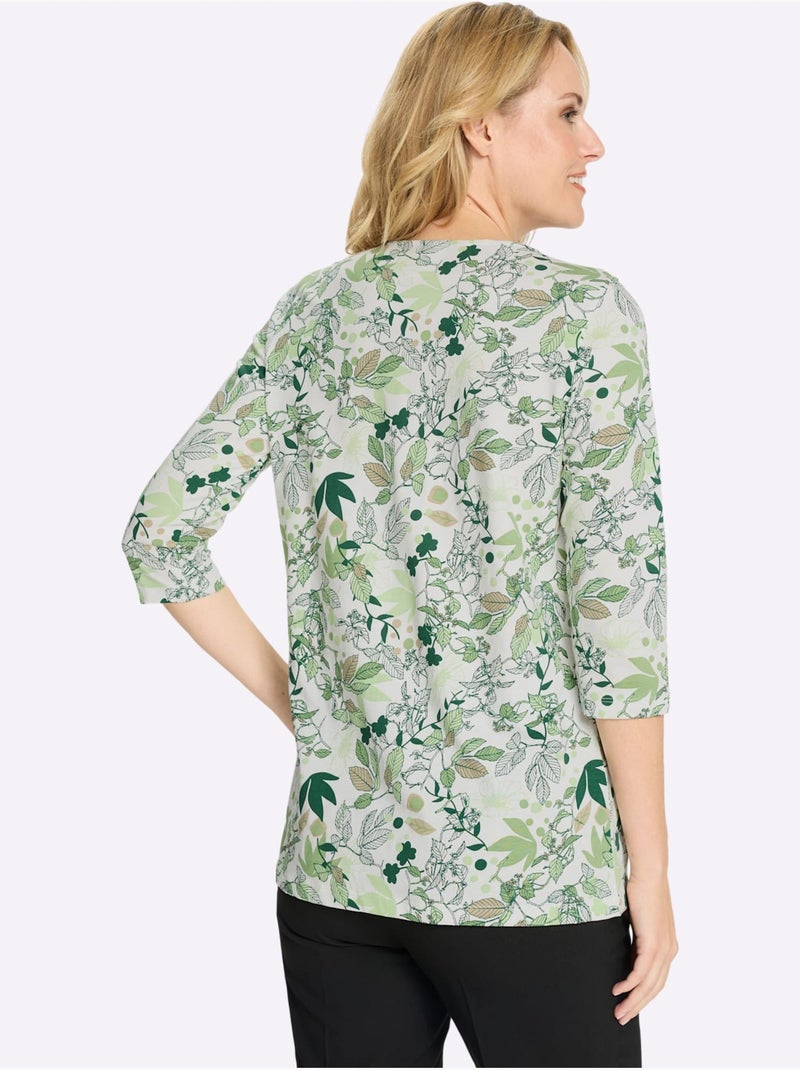 T-shirt long floral avec encolure ronde et manches 3/4 - taille standard - moda vilona Blanc Vert - Kiabi