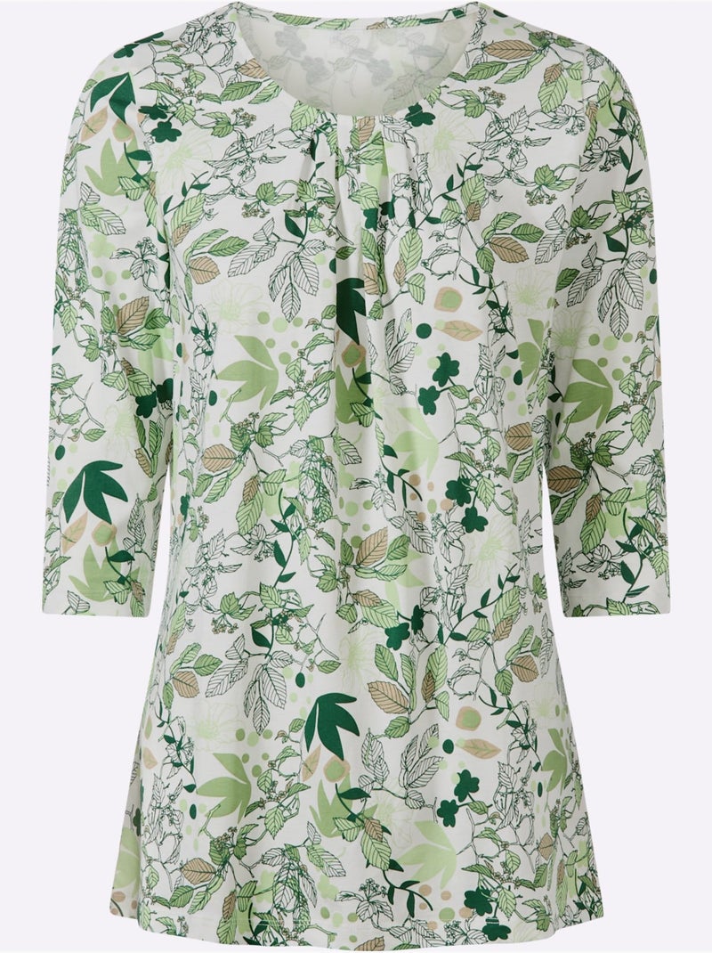 T-shirt long floral avec encolure ronde et manches 3/4 - taille standard - moda vilona Blanc Vert - Kiabi