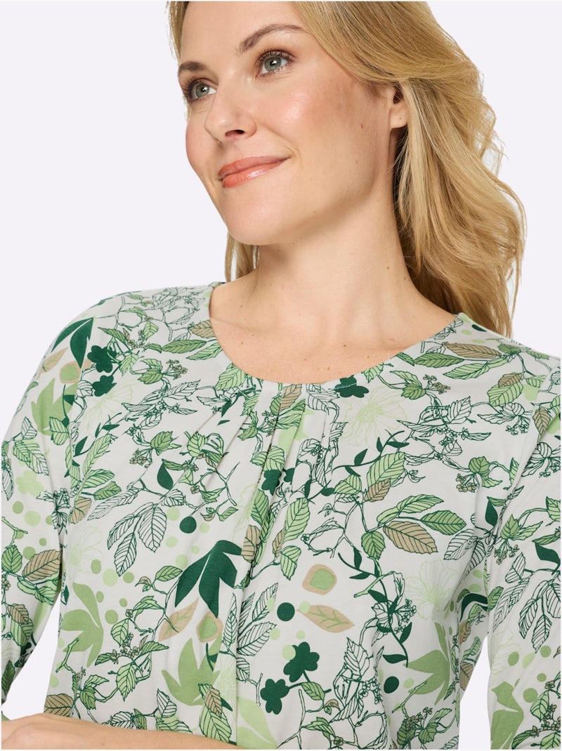 T-shirt long floral avec encolure ronde et manches 3/4 - taille standard - moda vilona Blanc Vert - Kiabi
