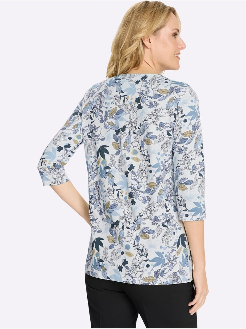 T-shirt long floral avec encolure ronde et manches 3/4 - taille standard - moda vilona Bleu - Kiabi
