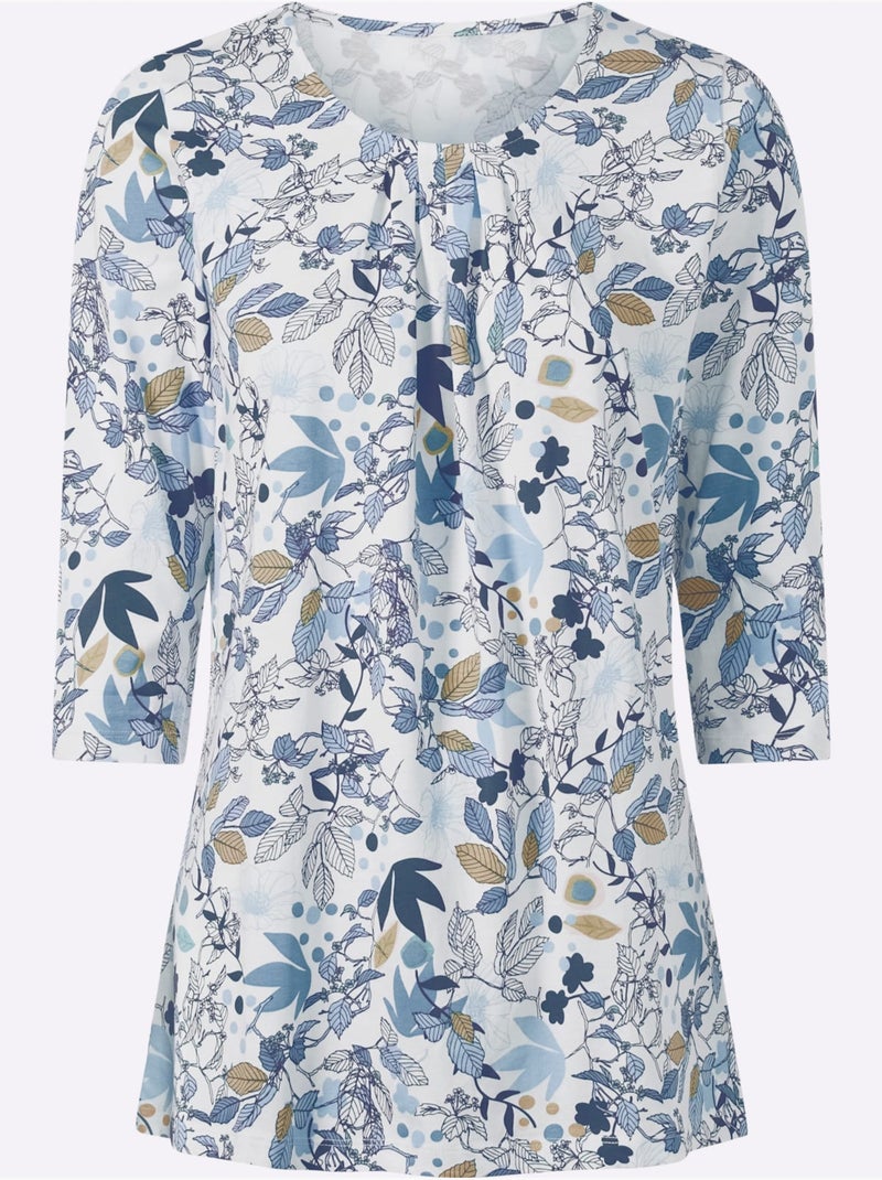 T-shirt long floral avec encolure ronde et manches 3/4 - taille standard - moda vilona Bleu - Kiabi
