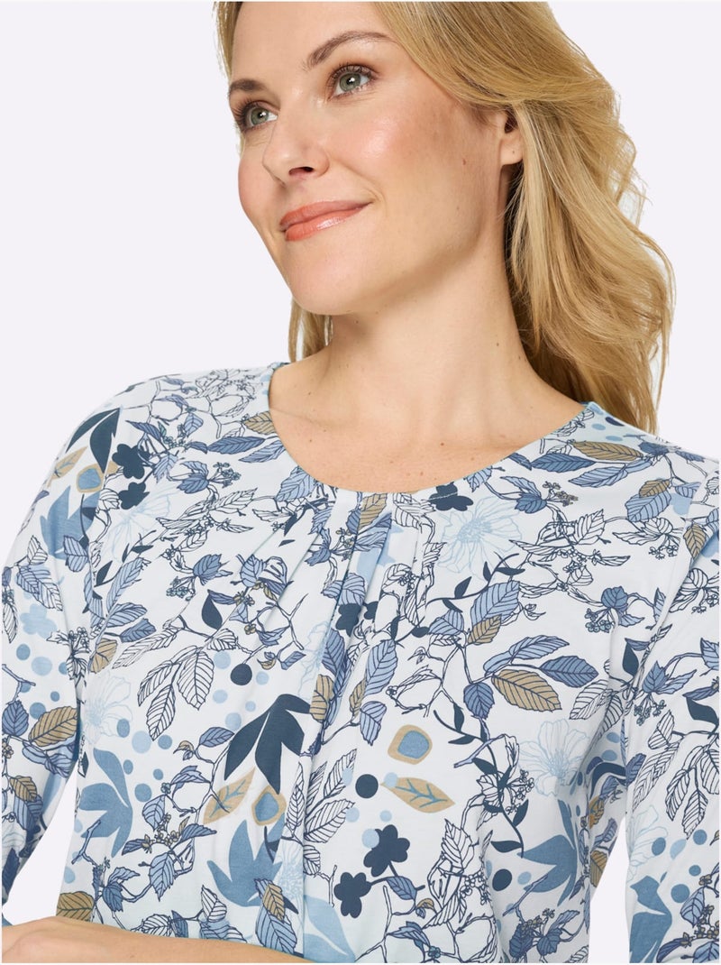 T-shirt long floral avec encolure ronde et manches 3/4 - taille standard - moda vilona Bleu - Kiabi