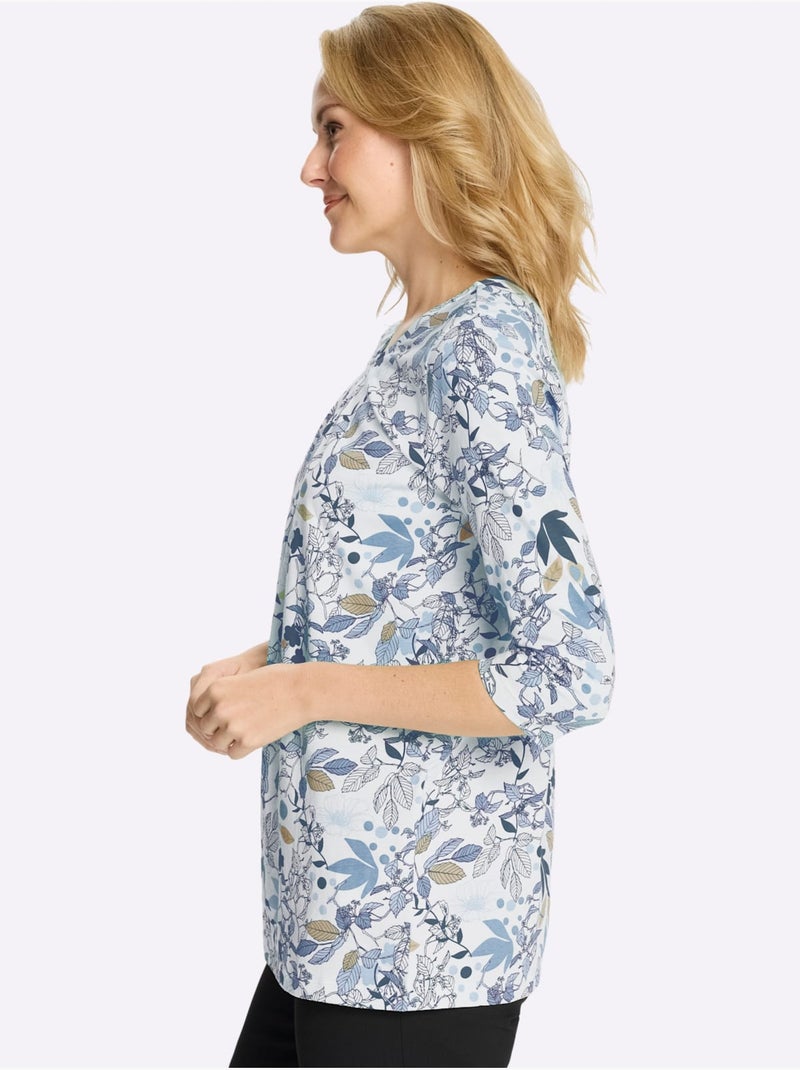 T-shirt long floral avec encolure ronde et manches 3/4 - taille standard - moda vilona Bleu - Kiabi