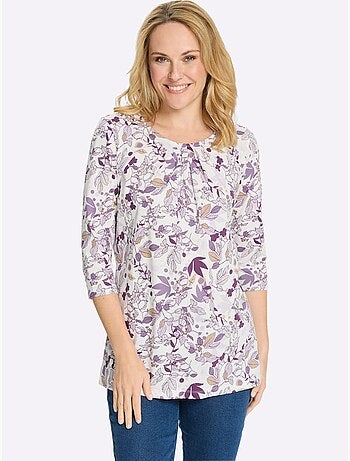 T-shirt long floral à encolure ronde et manches 3/4 - Taille standard - Moda Vilona