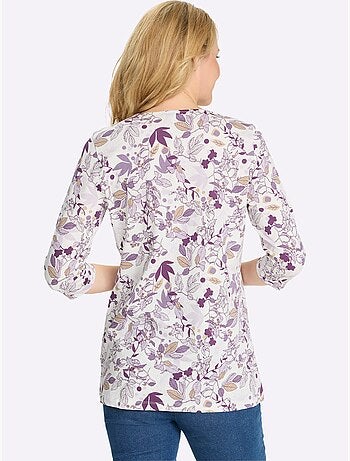 T-shirt long floral à encolure ronde et manches 3/4 - Taille standard - Moda Vilona
