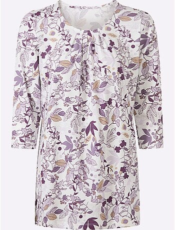 T-shirt long floral à encolure ronde et manches 3/4 - Taille standard - Moda Vilona