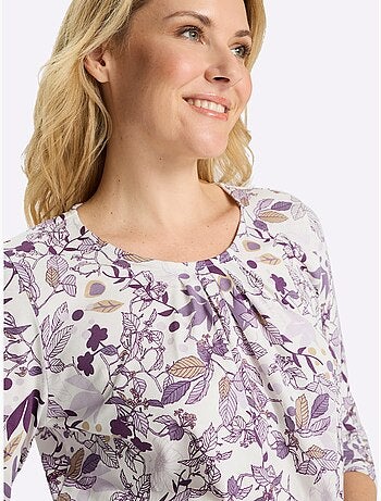 T-shirt long floral à encolure ronde et manches 3/4 - Taille standard - Moda Vilona