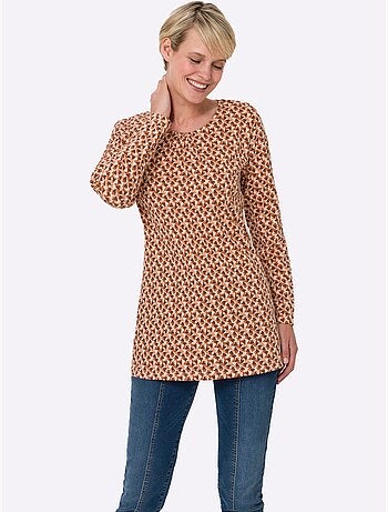 T-shirt long à encolure ronde froncée avec imprimé floral - taille standard - moda vilona