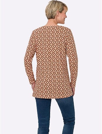 T-shirt long à encolure ronde froncée avec imprimé floral - taille standard - moda vilona