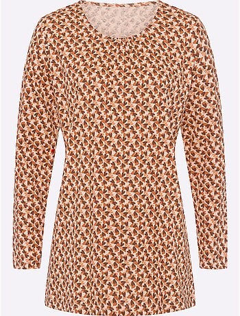 T-shirt long à encolure ronde froncée avec imprimé floral - taille standard - moda vilona