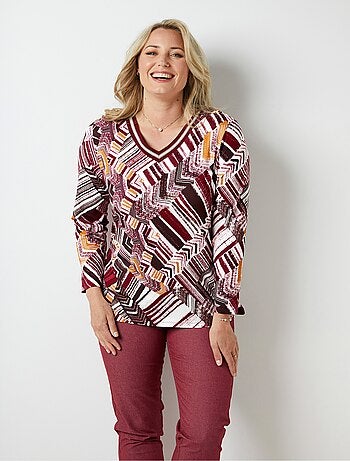 T-shirt long imprimé col V galon irisé