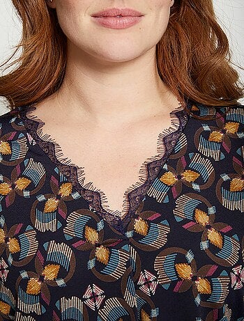 T-shirt long imprimé détail dentelle