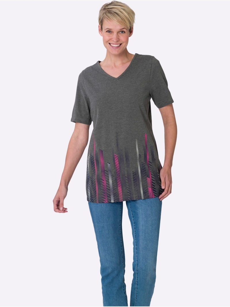 T-shirt Long Imprimé Graphique - Taille Standard - Moda Vilona Gris chiné - Kiabi