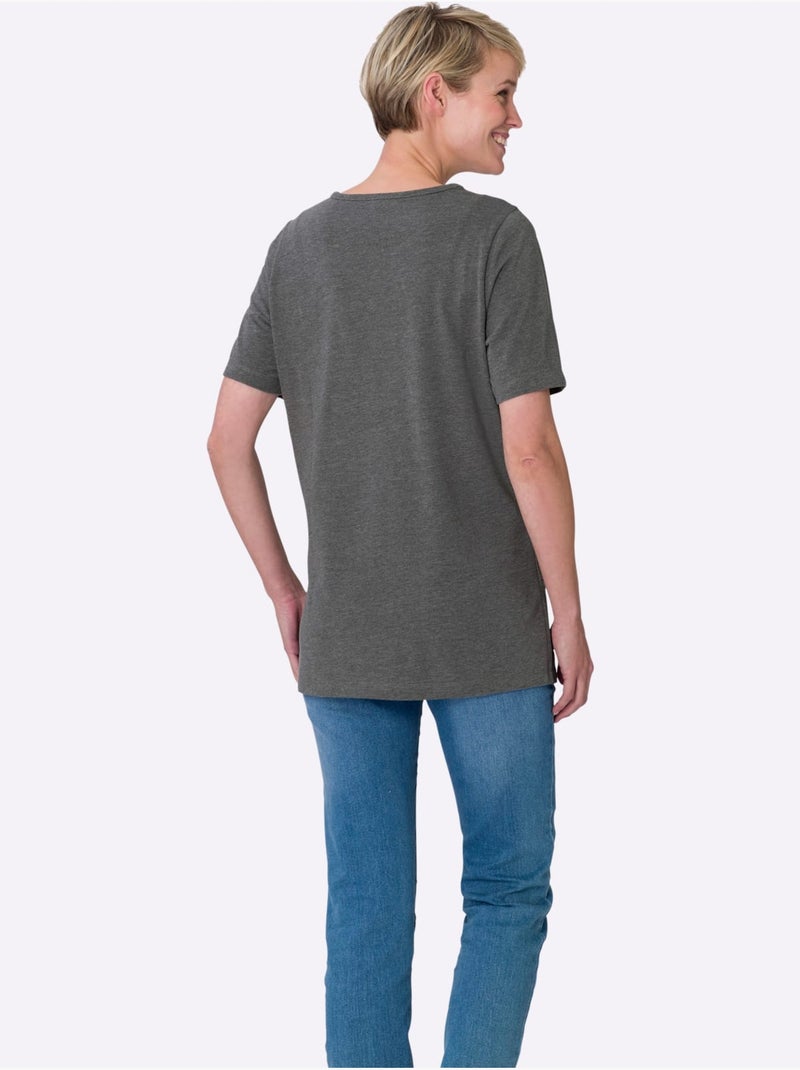 T-shirt Long Imprimé Graphique - Taille Standard - Moda Vilona Gris chiné - Kiabi