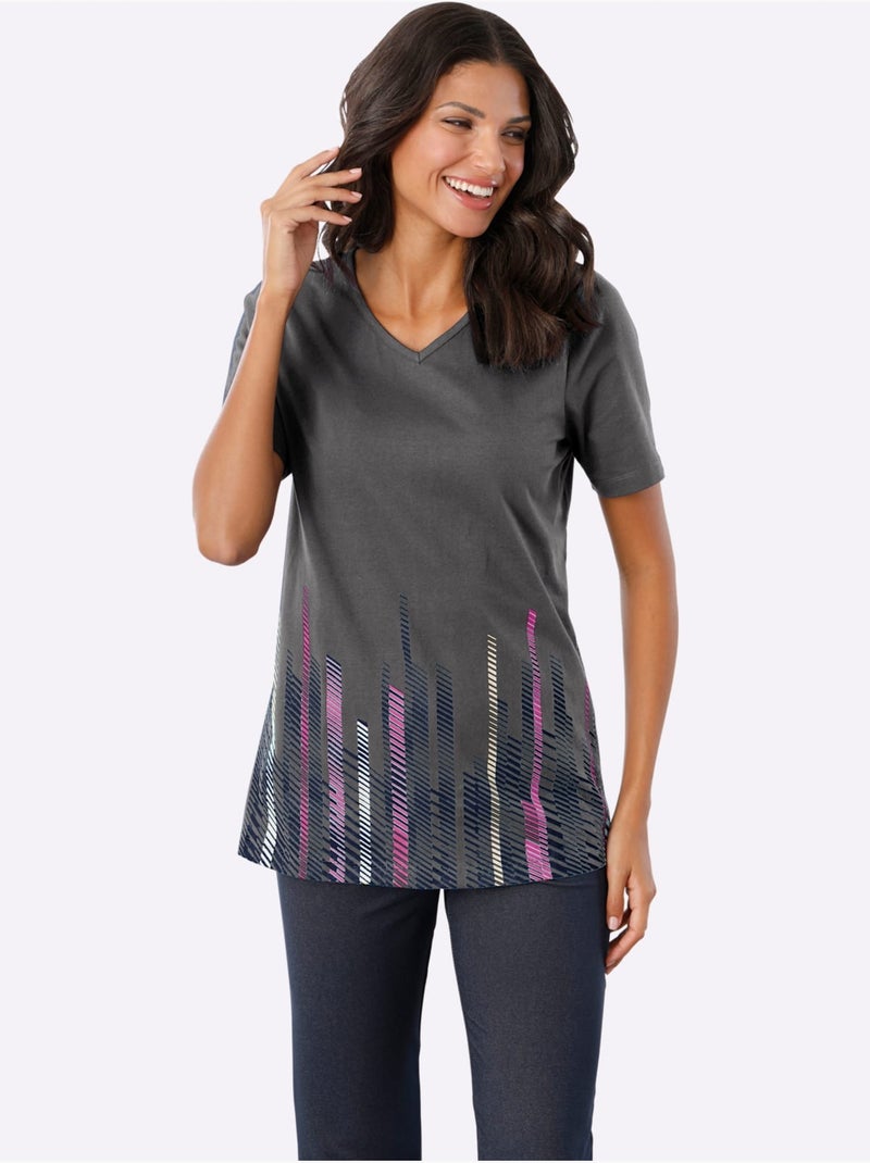 T-shirt Long Imprimé Graphique - Taille Standard - Moda Vilona Gris chiné - Kiabi