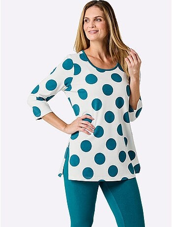T-shirt long à motifs pois avec encolure ronde et manches 3/4 - Taille standard - Witt