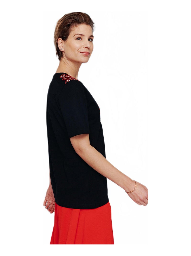 T-shirt long manches courtes brodé Bleu - Kiabi