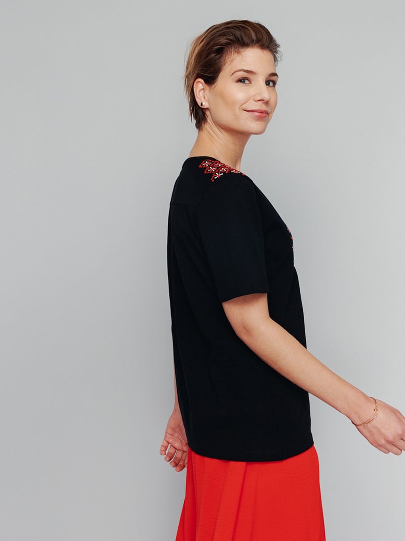 T-shirt long manches courtes brodé Noir - Kiabi
