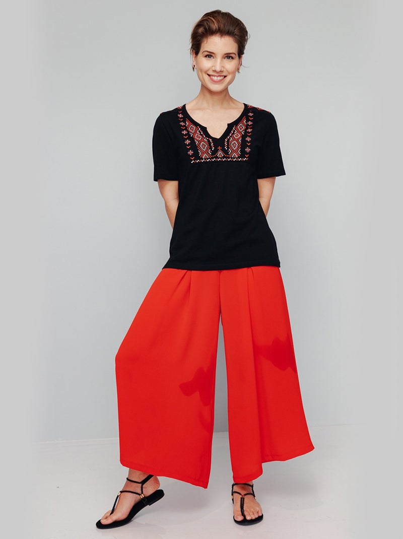 T-shirt long manches courtes brodé Noir - Kiabi