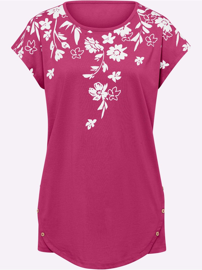 T-shirt long manches courtes encolure ronde avec motifs floraux - Taille standard - Moda Vilona Blanc Rose - Kiabi