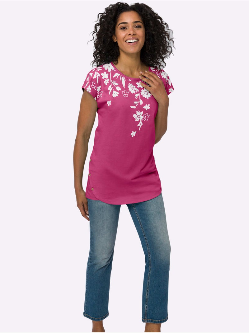T-shirt long manches courtes encolure ronde avec motifs floraux - Taille standard - Moda Vilona Blanc Rose - Kiabi