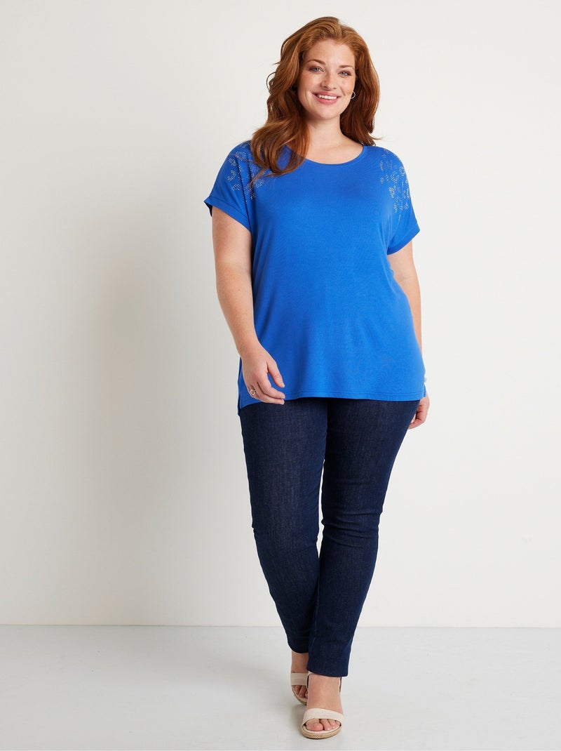T-shirt long manches courtes uni Bleu - Kiabi