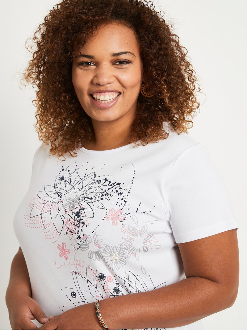 T-shirt long motif fleuri fentes côtés Blanc - Kiabi