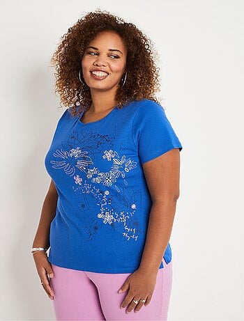 T-shirt long motif fleuri fentes côtés