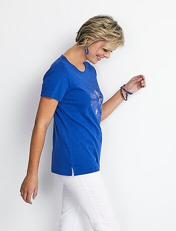 T-shirt long motif fleuri fentes côtés