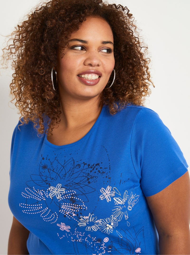 T-shirt long motif fleuri fentes côtés Bleu - Kiabi
