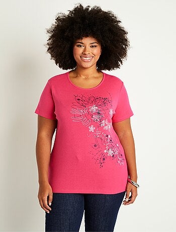 T-shirt long motif fleuri fentes côtés